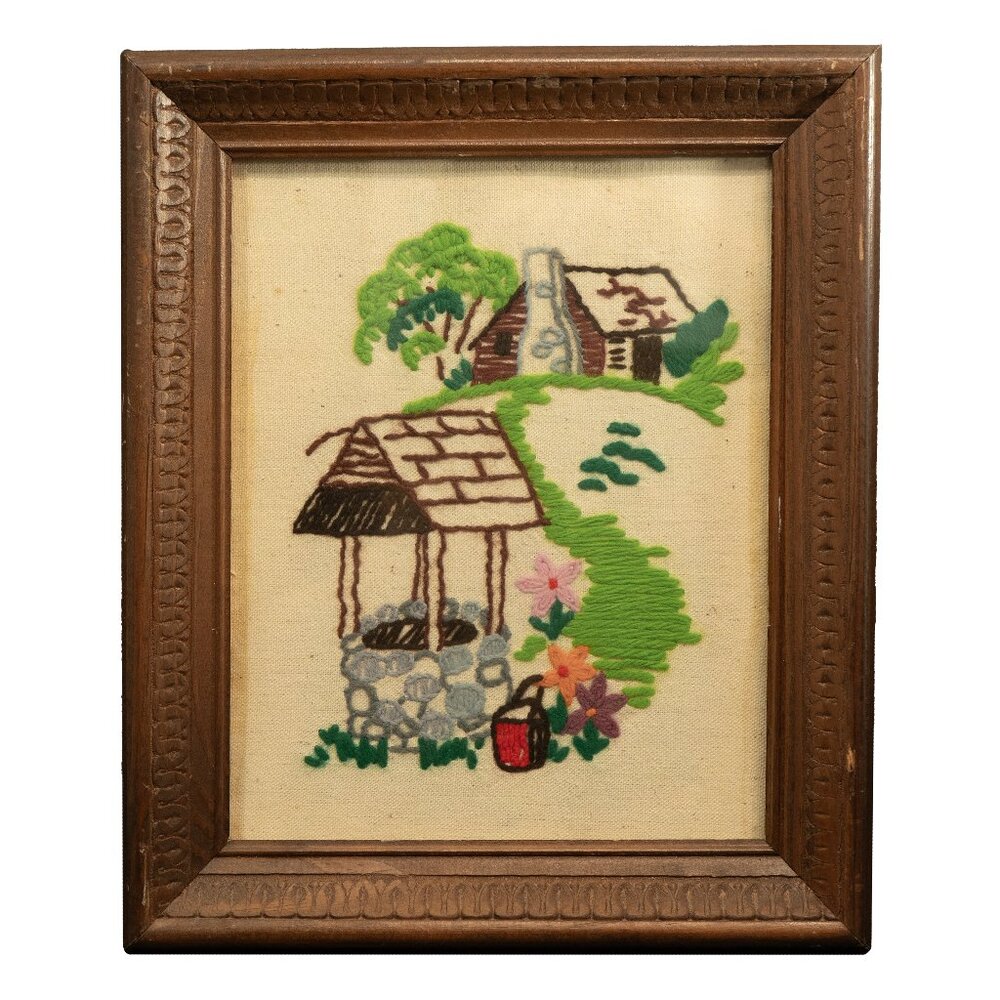Crewel Yarn Art Handmade Vintage 70s Embroidery Rustic Cabin Core Wood Frame